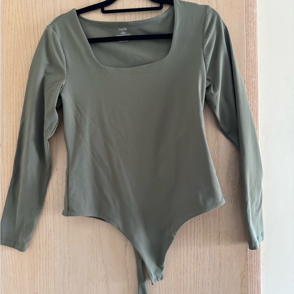NUDE Green Asymmetrical Long Sleeve Bodysuit.